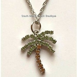 Crystal Palm Tree Necklace 24" Silver Plated Coconut Island X-Long Beach